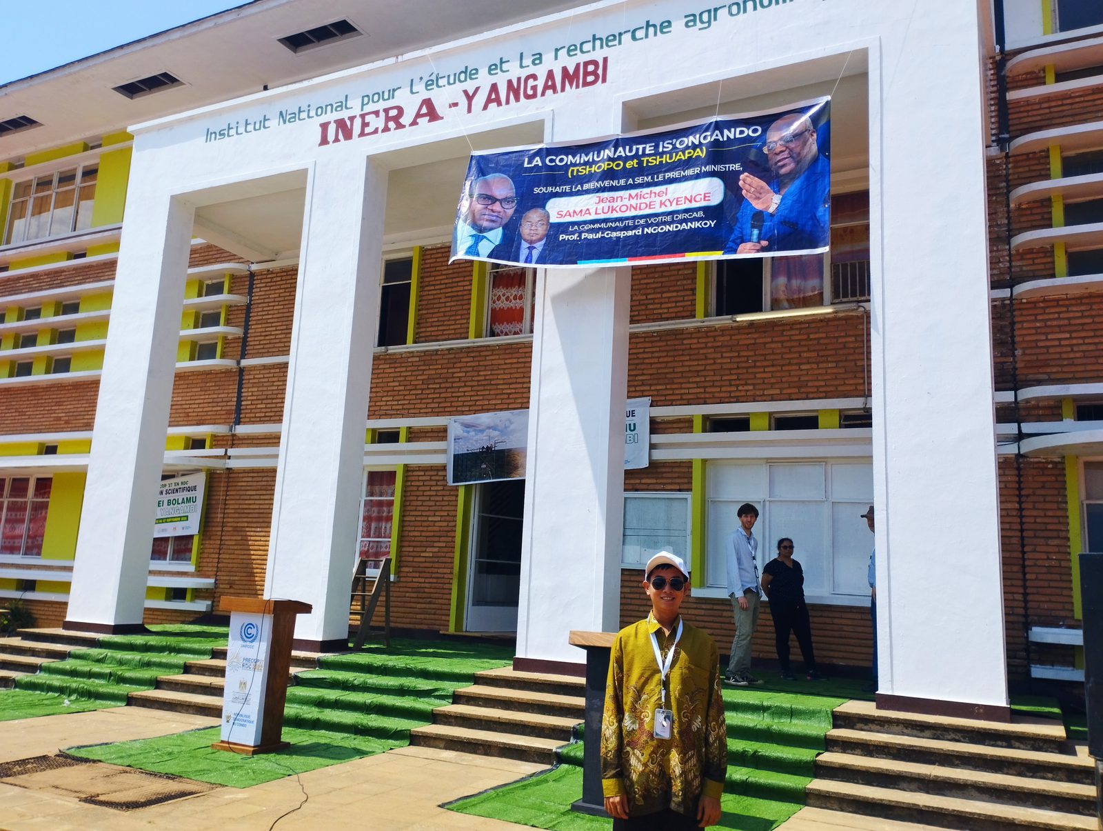 The research station at Yangambi with the meeting banner across the portico